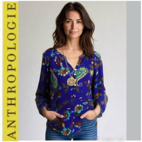 Anthropologie Fig and Flower Purple Paisley Relax Fit Blouse Medium Fit - Picture 1 of 16